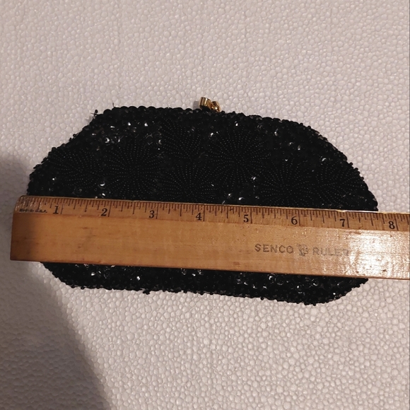 Vintage Gimbels Own Gabrielle Beaded Black Clutch w/ Floral Pattern - Picture 5 of 6